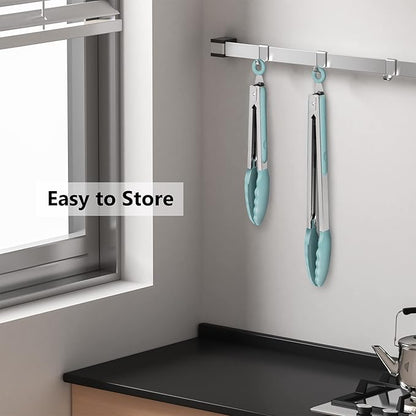 2 Pack Silicone Kitchen Tongs – 9" & 12" Set, Heat Resistant up to 500°F, Non‑Stick Cookware Safe, Wavy Silicone Tips, BPA Free, Locking Clip & Hanging Loop, Aqua Sky