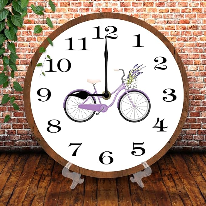 Purple Bicycle Wall Clock 10 Inch Wooden Battery Operated Autumn Forest Maple Leaves Wall Clocks Decorative Indoor,Decorative for Kitchen Bathroom Bedroom