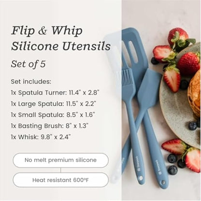 Starpack 'Flip & Whip' Premium Silicone Baking Utensils Set (5 Pcs) - 10" Blue Cooking Utensils with Large and Small Spatulas, Whisk and Basting Brush - Heat Resistant to 600°F - Baking Tool Set
