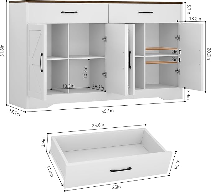 55" Sideboard Buffet Cabinet with Storage, Large Kitchen Storage Sideboard with Drawers & Doors, Modern Wood Farmhouse Coffee Bar Cabinet, Buffet Table for Kitchen, Dining Room, Living Room, White