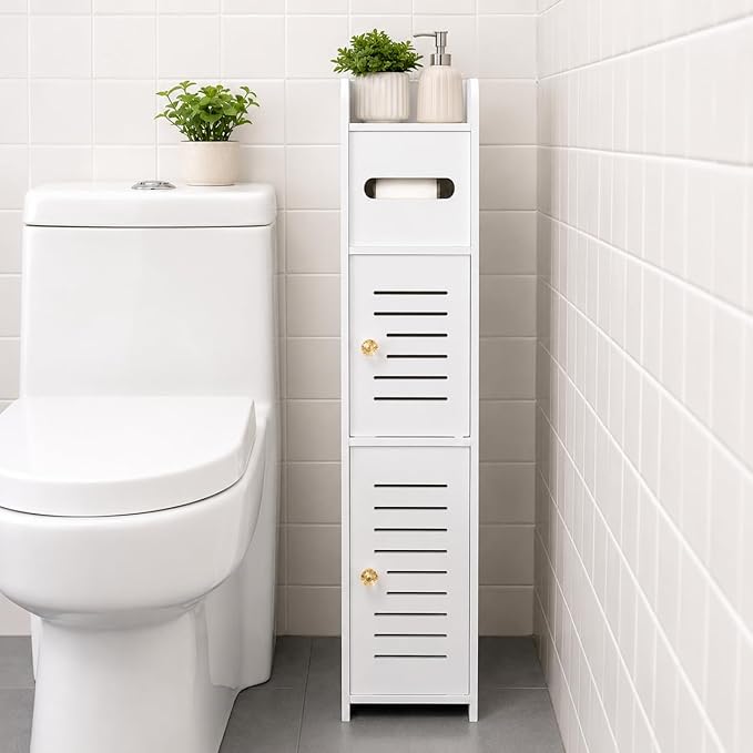 Toilet Paper Holder Stand with Storage Cabinet, Slim Floor Standing Shelf, White, 5.9" D x 5.9" W x 31.5" H, for Small Bathroom Spaces
