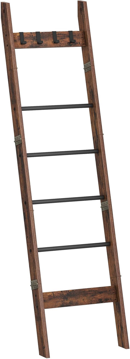 Hzuaneri Blanket Ladder for Living Room, Decorative Quilt Rack with 4 Removable Hooks, 5-Tier Farmhouse Ladder Holder Shelf Organizer for Bedroom, Rustic Brown and Black BR31501B