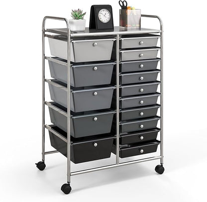 GOFLAME 15-Drawer Rolling Storage Cart, Craft Storage Cart with Removable Drawers & Lockable Wheels, Art Cart Supply Storage Organizer for Home Office Classroom, Gray Gradient
