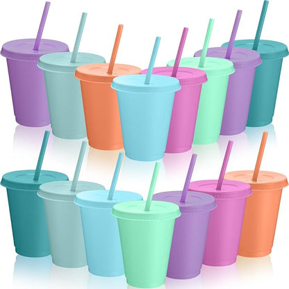 Sieral 15 Pack Cups with Straws and Lids Kids Tumbler with Straw Reusable Water Bottle Iced Coffee Travel Mug Adults Plastic Cups for Parties 16 oz (Macarons Colors)