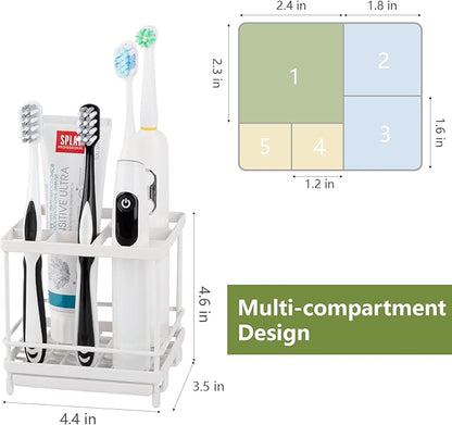 Carbon Steel Toothbrush Holders for Bathrooms, 5 Slots Kids Electric Tooth Brush and Toothpaste Organizer for Countertop, Shower, Vanity, White