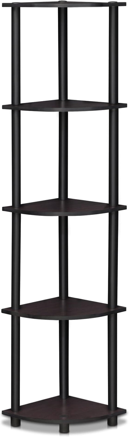 Furinno TURN-N-TUBE Corner Shelf, 5-Tier Corner Bookshelf, Open Storage Shelves, for Organization and Storage, Living Room, Home Office, Garage, Bedroom, Dark Walnut