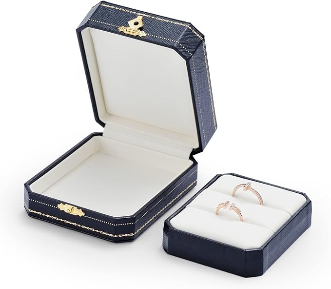 Oirlv Double Ring Box Royal Blue Ring Bearer Box for Engagement Wedding Jewelry Gift Case