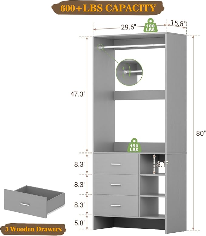 Aheaplus 2.5FT Closet System with 3 Drawers, 29.5’’ Closet Organizer, Wood Closet Organizer System, Walk-in Closet or Small Closets Wardrobe, Clothes Rack with Hanging Rods,-E6, Grey