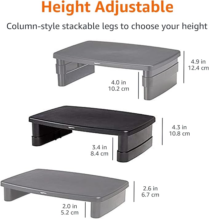 Amazon Basics Height Adjustable Monitor Stand Riser with Storage Organizer, 3-Level Stackable Design, Durable ABS Plastic, Supports up to 22lbs, for Monitors & Laptops, Black