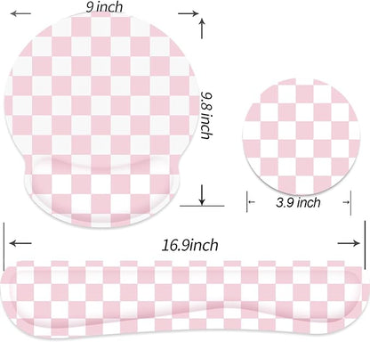 Ergonomic Mouse Pad with Wrist Rest and Keyboard Wrist Rest, Mousepad and Wrist Rest for Computer Keyboard, Pain Relief, Non-Slip Base, Mouse Pad with Wrist Support for Gaming, Office, Pink Checkered