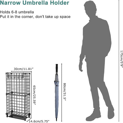 AWTATOS Umbrella Holder Entryway, Umbrella Stand Freestanding, Metal Square Umbrella Rack Organizer with a Removable Drip Tray, Hooks, Black
