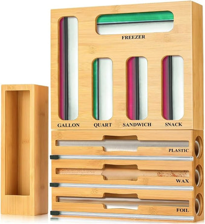9 in 1 Bamboo Kitchen Drawer Organizer for Storage Bags, Foil & Plastic Wrap Holder with Built-In Cutter, Fits Gallon, Quart, Sandwich, and Snack