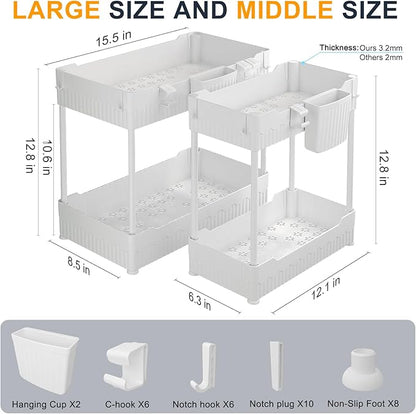 Sevenblue 2 Pack Under Sink Organizer, Under Bathroom Cabinet Organizer with Hooks Hanging Cup, Multi-Purpose Storage Shelf for Kitchen Bathroom (White, 12.8 Inch)