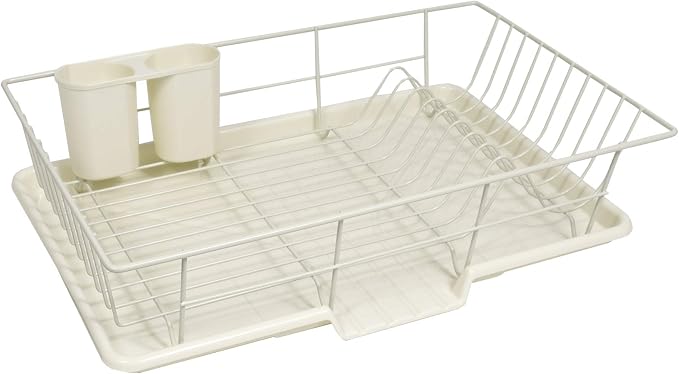 Sweet Home Collection Metal, Plasic 3 Piece Dish Drainer Rack Set with Drying Board and Utensil Holder, 12" x 19" x 5", Ivory