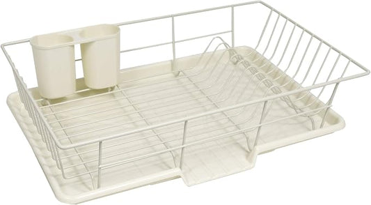 Sweet Home Collection Metal, Plasic 3 Piece Dish Drainer Rack Set with Drying Board and Utensil Holder, 12" x 19" x 5", Ivory