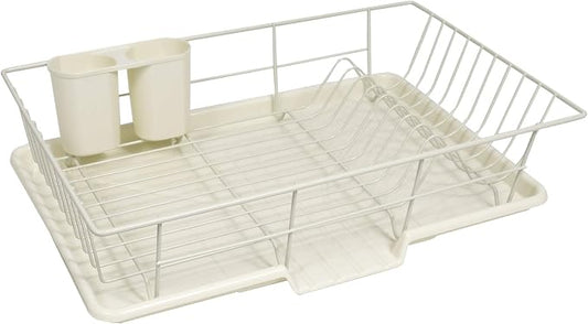Sweet Home Collection Space-Saving 3-Piece Dish Drainer Rack Set: Efficient Kitchen Organizer for Quick Drying and Storage - Includes Cutlery Holder and Drainboard - Maximize Countertop Space, Ivory