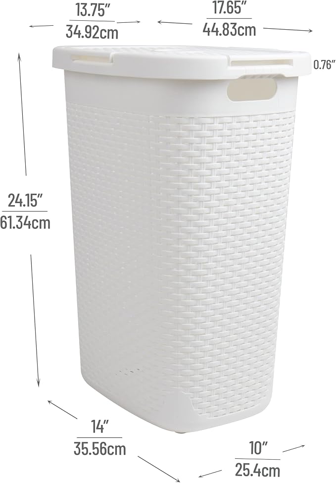 Mind Reader Slim Laundry Hamper with Lid, 60L Tall Clothes Basket, Narrow Tapered Design for Bathrooms, Closets and Laundry Rooms, Plastic, White