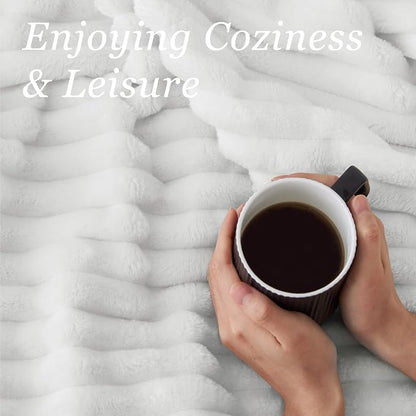 BEDELITE Fleece Throw Blanket for Couch - 300GSM Soft & Warm Fluffy White Blanket, Decorative and Giftable Striped Blankets for Women, Men, 50"x60"