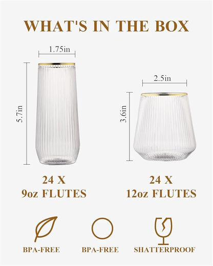 48 Pack Disposable Ribbed Origami Ripple Plastic Glasses Set - 24 9 OZ Stemless Champagne Flutes & 24 12OZ Cups, BPA-Free Shatterproof Clear Drinkware for Weddings, Parties & Events(Gold Rim)