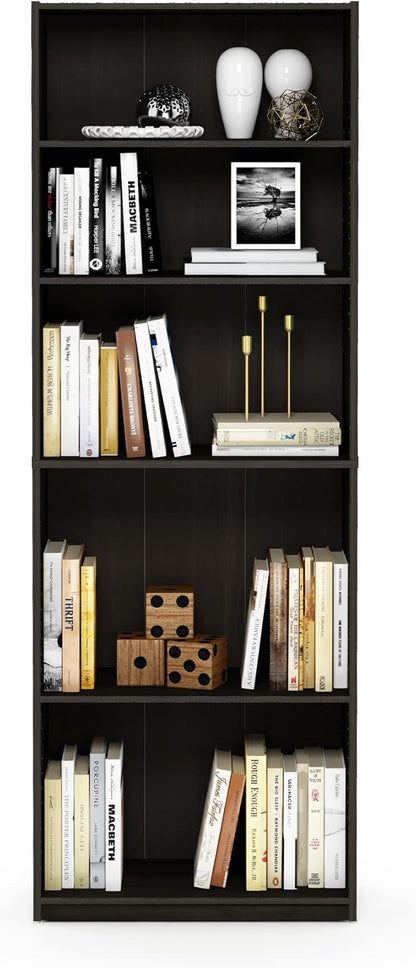 Furinno JAYA Book Shelf, 5-Tier Bookshelf, Bookcase with Adjustable Shelves, 9.5" x 24.5" x 71.2", for Organization and Storage, for Living Room, Bedroom, Home Office, Espresso