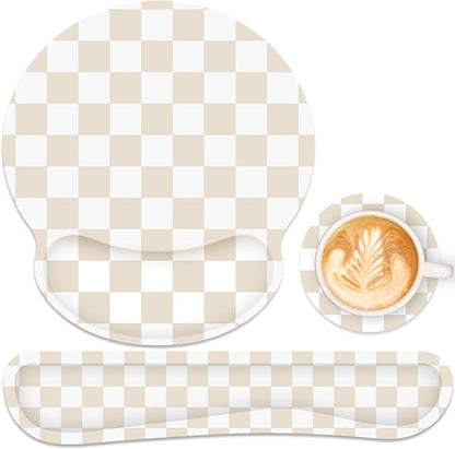 Ergonomic Mouse Pad with Wrist Rest and Keyboard Wrist Rest, Mousepad and Keyboard Pad, Non-Slip Rubber Base, Pain Relief, Mouse Pad with Wrist Support for Gaming, Computer, Office, Beige Checkered