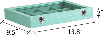 Frebeauty Velvet Jewelry Tray,12 Grid Jewelry Organizer with Clear Lid,Bracelets Holder,Jewelry Display Case with Clasp,Drawer Insert Bangle Brooch,13.8 x 9.5 x 2 Inches,Gift for Women Girl(Turquoise)