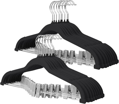 ManGotree Pants Hangers with Movable Clips, Non-Slip Velvet Skirt Hangers, Space-Saving Clothes Hangers for Pants, Skirts, Shirts, Coats, Dresses (18 Pack, Black)