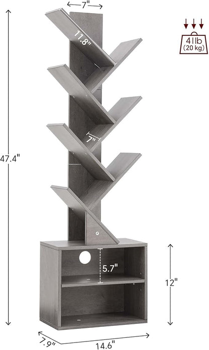 SUNMORY 6 Tier Tree Bookshelf, Tall Bookcase with Storage Cabinet, Modern Narrow Bookshelves Organizer, Floor Standing Book Shelf for Bedroom/Living Room/Home Office/Corner, Grey
