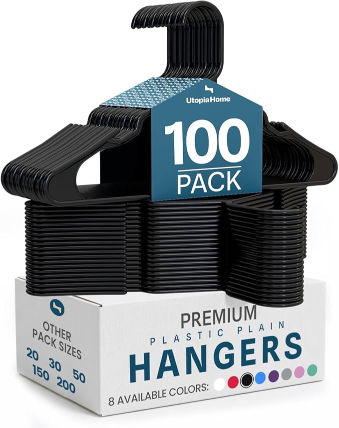 Utopia Home Plastic Hangers 100 Pack - Perfect Space Saving Clothes Hanger - Durable and Strong - Perfect Closet Organizers with Shoulder Grooves (Black)