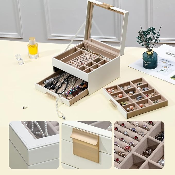 Jewelry Boxes with Glass Lid Display PU Leather Elegant Jewelry Organizer Women Multiple Drawers Stylish Storage Men for Rings Necklaces Accessories GY807 (White)