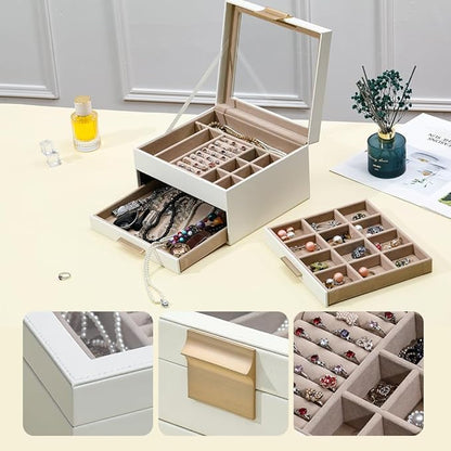 Jewelry Boxes with Glass Lid Display PU Leather Elegant Jewelry Organizer Women Multiple Drawers Stylish Storage Men for Rings Necklaces Accessories GY807 (White)