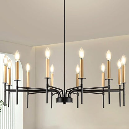 12 Light Modern Farmhouse Black and Gold Chandeliers for Dining Room Light Fixture, Metal Candle Chandelier Lighting Fixtures for Living Room Stair Foyer Entryway Bedroom Kitchen