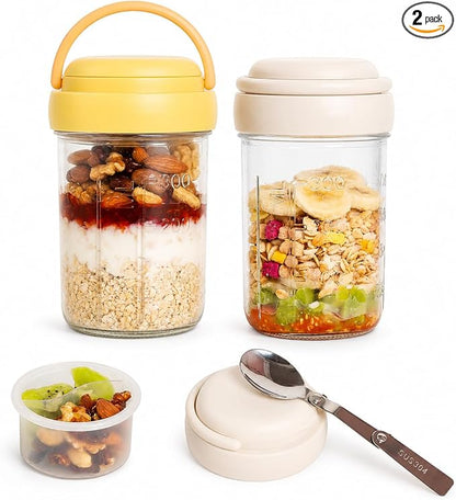 Overnight Oats Containers with Handles & Lids – 16oz Glass Mason Jars with Spoons & Fruit Compartments, Chia Pudding Jars with Lids, 2 Sets (Cream, Yellow)