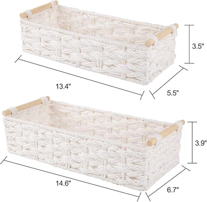 OIAHOMY Toilet Paper Baskets Handmade Paper Rope Decorative Wicker Storage Tank Shelf Cabinet Organizer for Bathroom Home, Set of 2, White