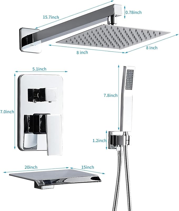 Chrome Shower Faucet Set with Tub Spout 8 Inch, Shower Head and Handle Set with 2 Hooks, Tub and Shower Faucet Combo, Rain Shower and Handheld Shower System Square Wall Mount for Bathroom