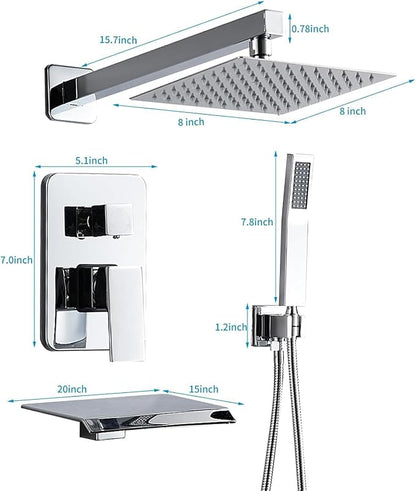 Chrome Shower Faucet Set with Tub Spout 8 Inch, Shower Head and Handle Set with 2 Hooks, Tub and Shower Faucet Combo, Rain Shower and Handheld Shower System Square Wall Mount for Bathroom