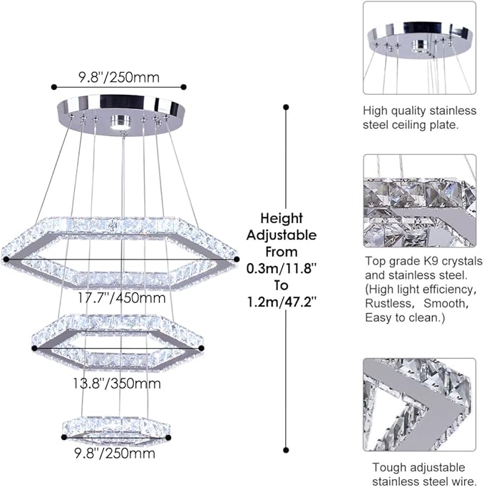 LED Chandeliers Dimmable Crystal Chandelier 3 Rings Modern Pendant Light Adjustable Stainless Steel Ceiling Light Fixture for Dining Room Bedroom Living Room