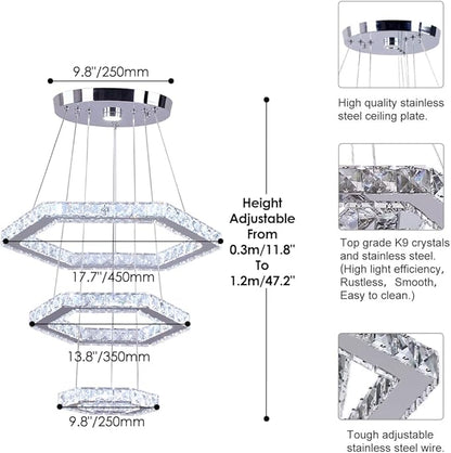 LED Chandeliers Dimmable Crystal Chandelier 3 Rings Modern Pendant Light Adjustable Stainless Steel Ceiling Light Fixture for Dining Room Bedroom Living Room