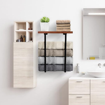 Towel Racks for Bathroom Wall Mounted with Wooden Shelf Bath Towel Holder for Rolled Towels Metal Towel Storage Organizer for Small Bathroom Decor or RV Camper Black