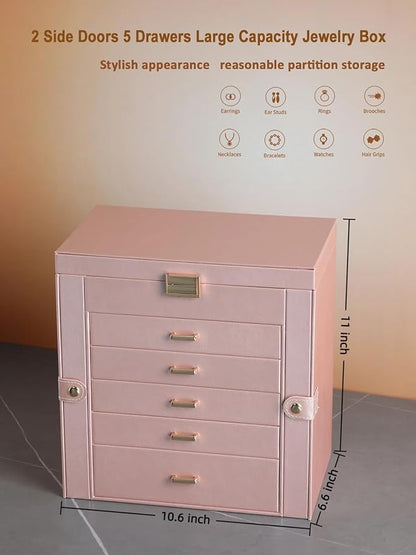 BOOVO Jewelry Box For women, 6 Layer Large Jewelry Organizer With Mirror, Multi-Function Storage Box With Lock, Necklace Holder With 5 Drawers, For Earrings Necklace Bracelet (Rose Gold and Gold)