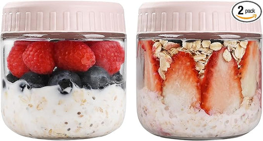 SHOWIN Overnight Oats Containers with Lids, 10oz Glass Jars with Lids 2 pcs, Pink, Wide Mouth Mason jars for Salad, Yogurt, Snacks, Meal Prep