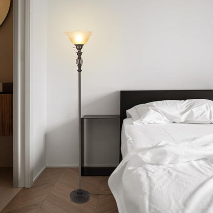 HonoDing Torchiere Floor Lamps for Living Room & Bedroom – Stand Up Lamp with Corner Floor Lamp Design – Traditional Iron Scroll 70" Tall Alabaster Glass Bowl Shade (Brown)