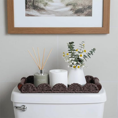 CubesLand Bathroom Toilet Paper Tray Organizer, Scalloped Decorative Tray w/Wood Handle for Counter, Shelves, Wicker Tray for Farmhouse Rustic Home Decor, Coffee Table Decor, Seasonal Decor, Brown
