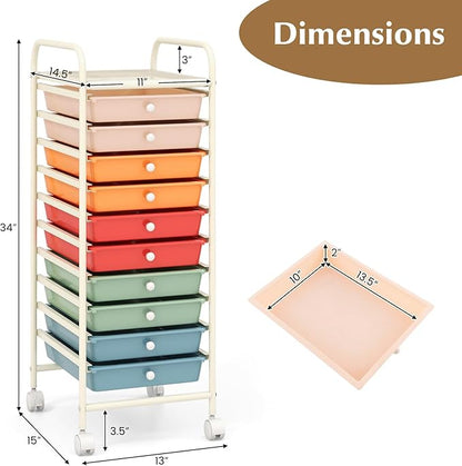 RELAX4LIFE Craft Organizers and Storage Cart - Rolling Cart with 10 Drawers, Lockable Casters for Tools, Trolley Cart with Wheels, Utility Cart for School, Home Office, Craft Cart (Macaron)