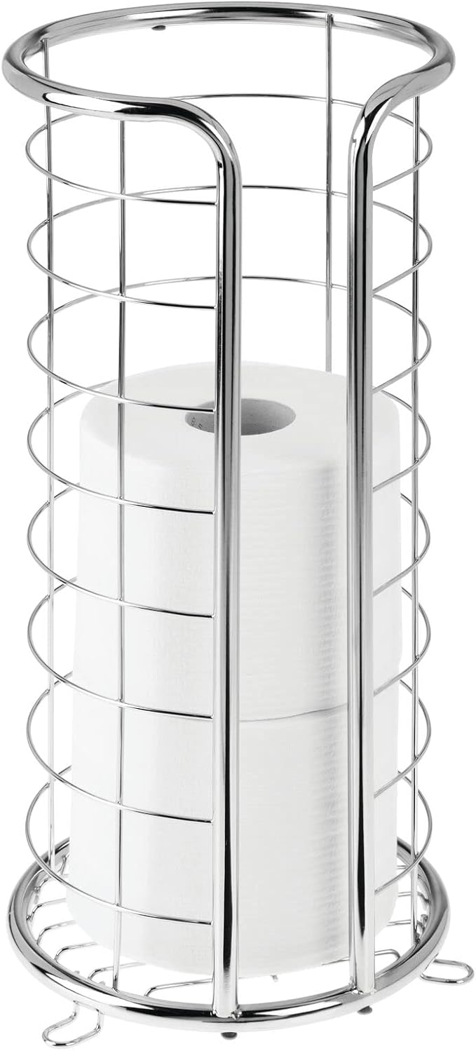 mDesign Metal Free Standing Toilet Paper Organizer Stand - 3 Rolls of Jumbo Toilet Tissue Storage - Bathroom Decor Accessory for Under Sink, Vanity, and Inside Cabinet Shelf - Omni Collection, Chrome