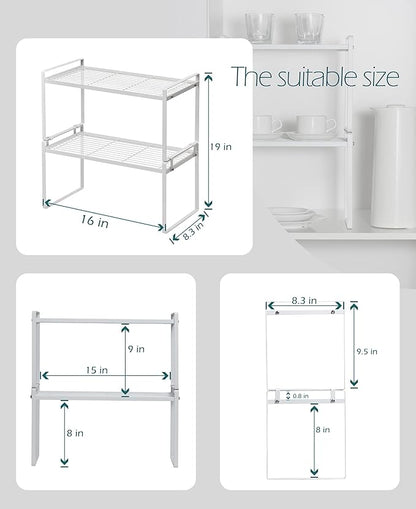 Shantton 2Pack Cabinet Shelf Organizer Storage Rack Space Saving for Kitchen Counter Pantry Bathroom Cupboard Under Sink Office Table Steel Stackable Rust Resistant Heavy Duty Nonslip 16” White - Tall