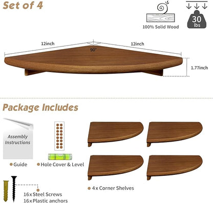 Forbena Corner Bookshelf Wall Mounted Set of 4, Wooden Floating Book Shelves for Nursery, Large Wall Shelving Unit for Living Room Bedroom Bathroom Kitchen Office Classroom Corner (Walnut Color)