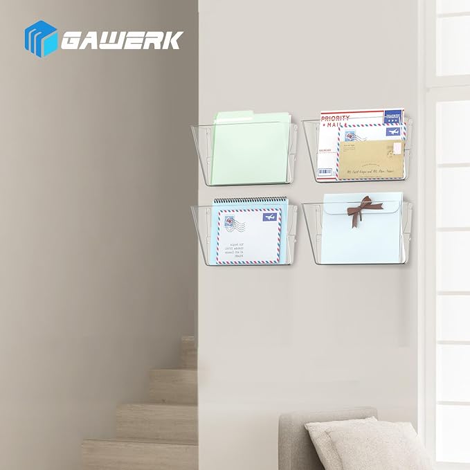 Gawerk 4 Pack Clear Single Pocket Wall File Holder Hanging Wall Organizer, Wall Mount Mails Magazines Organizer for Office and Home