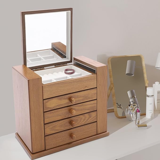 5-Layer Retro Jewelry Box Organizer with Mirror,Wooden Jewelry Chest for Women Girls, Jewellery Display Holder Organizer Box Case for Necklace Earrings Rings Bracelets, Gift for Festival