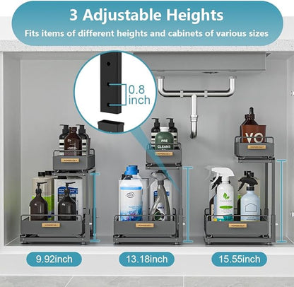 Under Sink Organizer Kitchen, 2 Tier Under Sink Organizers and Storage, Pull out Cabinet Organizer Shelf, Metal Drawer for Kitchen Bathroom Pantry Cabinet Closet Organization Rack, Black, 1 Pack
